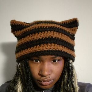 Handmade Striped Cat Ear Beanie - Black and Brown
